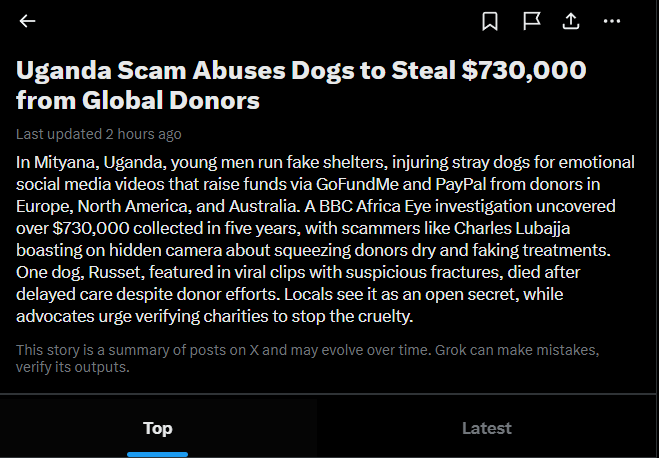 Uganda, scammers are running fake dog shelters,  A BBC Africa Eye investigation revealed that these operations have raised over $730,000 from donors

Dogs name is Russet, sending fees to the dog foundation

x.com/i/trending/205…