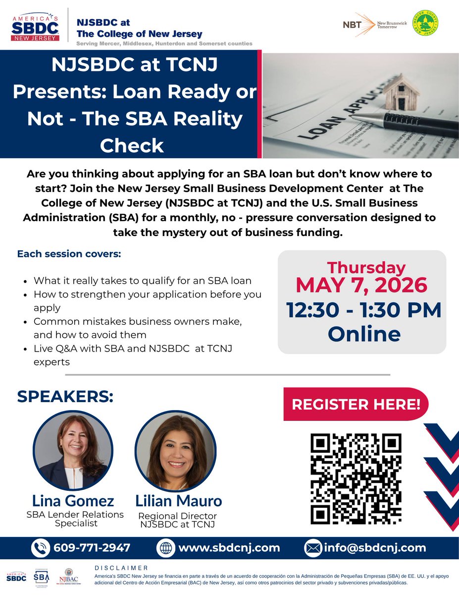 HeidiCastrillon's tweet photo. #OnlineEvent: “Loan Ready or Not: The SBA Reality Check” | In collaboration with the U.S. Small Business Administration (@SBAgov), NJSBDC at the College of New Jersey (@SBDCatTCNJ), and New Brunswick Tomorrow (@NBTomorrow), this event will focus on... https://t.co/8dCIySilIS https://t.co/AqCa66bu8V