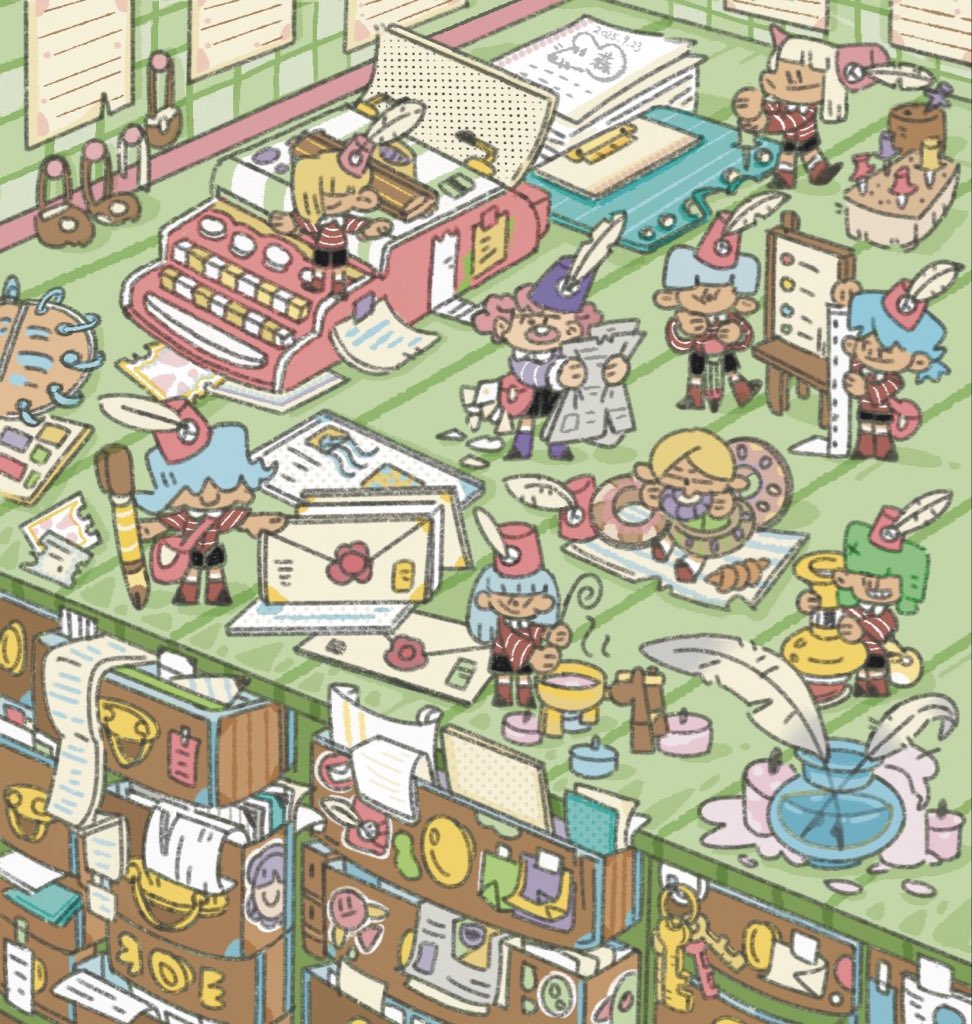 nnzeo28's tweet image. The little mail carriers’ office hours.#artwork #illustration #Scenery stickers #Detail scene