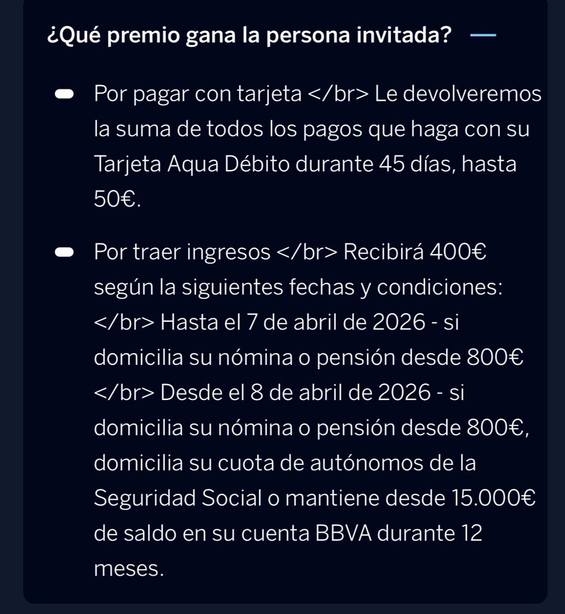 AhorraConmigoEs's tweet photo. 💳 Cómo sacarle dese 50€ hasta 1060€ a BBVA con su promo

Os dejo un resumen claro de una de las promos que están funcionando ahora mismo 👇

💸 OPCIÓN 1: Cashback directo

👉 Hasta 50€ de vuelta en todas tus compras con la tarjeta
👉 Durante los primeros 45 días

💰 OPCIÓN 2: Bonus grande

👉 Hasta 400€ si domicilias:
 • Nómina o pensión desde 800€
 • O mantienes 15.000€ en cuenta durante el periodo

🚀 EXTRA: Sistema de referidos
👉 Puedes ganar hasta 660€ invitando amigos
👉 Solo necesitan abrir cuenta y cumplir condiciones

📌 Detalles importantes:
 • Bizum es obligatorio (da igual el número que uses)
 • Alta bastante rápida desde el móvil
 • Puedes optimizar usando número secundario

💡 En mi caso:
Uso un número de prepago para este tipo de promos y así separo todo y aprovecho mejor las campañas.

Si alguien quiere saber cómo hacerlo paso a paso o necesita enlace, que me escriba 👌