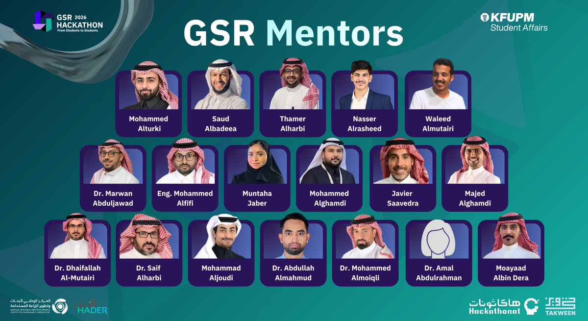 GSRKFUPM's tweet photo. Because impact begins with those who guide the way.

We extend our sincere thanks to the mentors and speakers of GSR Hackathon 2026 for their valuable support and guidance, which made a clear impact, and for their meaningful contribution throughout this journey.

Thank you for your time and contribution, and we look forward to the next phase ahead.

لأن الأثر يبدأ بمن يوجّه الطريق.

نتوجّه بالشكر لمرشدي ومتحدثي هاكاثون GSR 2026 على دعمهم وتوجيههم الذي أحدث أثرًا واضحًا، ومساهمتهم القيّمة في هذه الرحلة.

شكرًا لوقتكم وعطائكم، ونتطلع لاستكمال المرحلة القادمة.

#جسّر_فكرتك #GSR2026