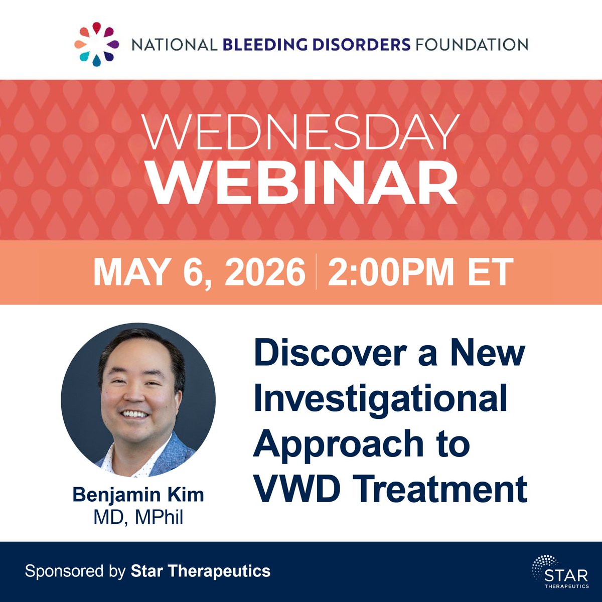 STAR_Biotech's tweet photo. We invite everyone impacted by VWD to join us for @nbd_foundation's Wednesday Webinar series this week to learn more about our investigational therapy, VGA039. Clinical development lead, Ben Kim, looks forward to sharing updates on the program. Register: https://t.co/19kbPGWrVp https://t.co/9ueSfs4wIV