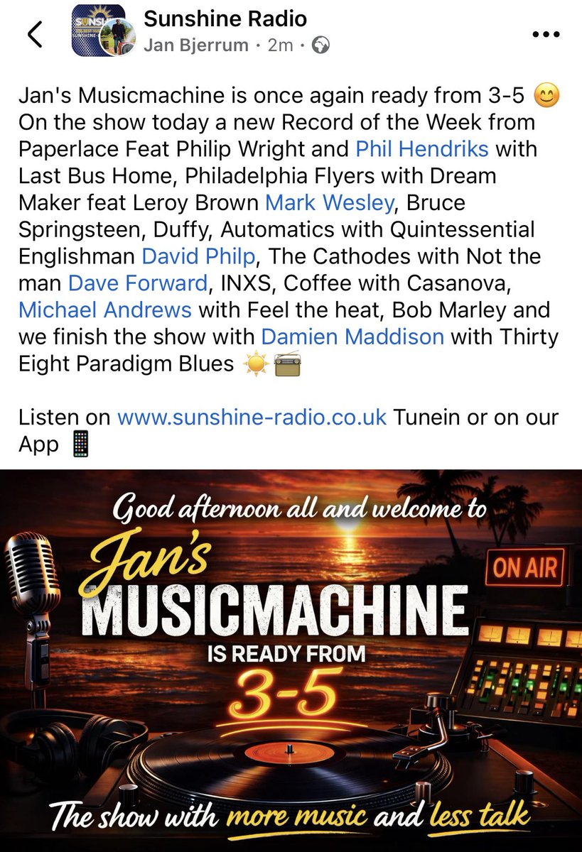 Pam1Mike's tweet image. A massive thanks to the legend Jan Bjerrum who is giving FEEL THE HEAT a spin this afternoon on sunshine-radio.co.uk cheers pal I really appreciate the support 😎🎶🤙 #songwriter #michaelandrews #feeltheheat