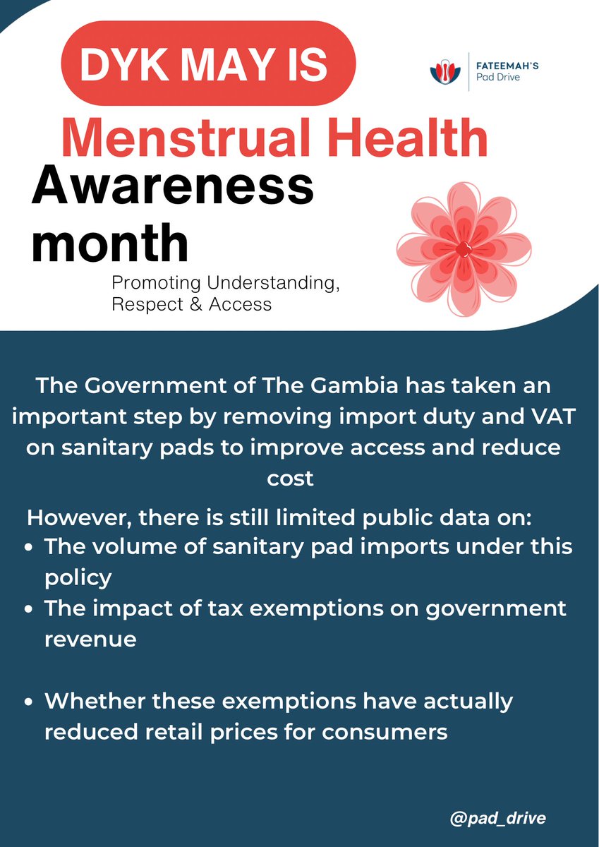 pad_drive's tweet photo. While the Government of The Gambia has removed import duty &amp; VAT on sanitary pads to improve affordability, questions remain about whether these policies are truly reducing prices &amp; improving access for girls and women.

Menstrual dignity must move from policy to reality. https://t.co/1SRQZWK1Aw