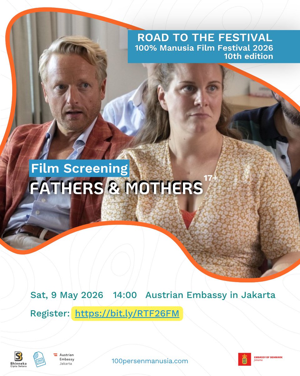 100prsenmanusia's tweet photo. Two films. One afternoon. And stories that might hit closer than you expect. 🎬✨

Join Road to Festival 2026 – 100% Manusia Film Festival for an intimate screening experience

📍 The Austrian Embassy, Jakarta @austriainid
🗓 Saturday, 9 May 2026 https://t.co/CEa5GRtwLb