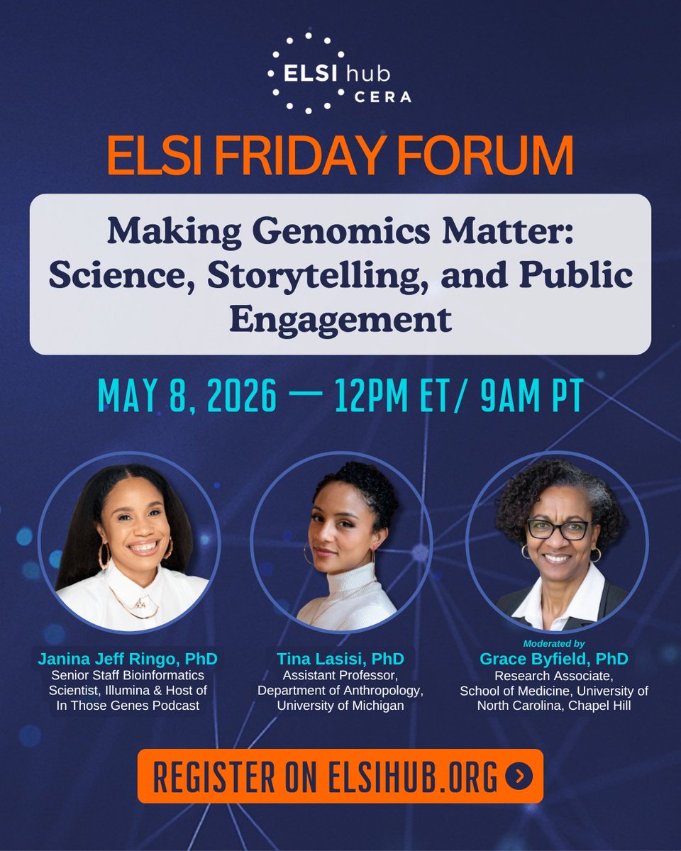 ELSIhub's tweet image. Dr. Janina Jeff Ringo uses storytelling, culture, and genetics to explore identity and ancestry.

Join us at our next ELSI Friday Forum to hear how she’s building trust in science communication.

🗓️ May 8 | 12PM ET
🔗 evt.to/rpqntk5dnk59
#SciComm #Genomics #ELSI