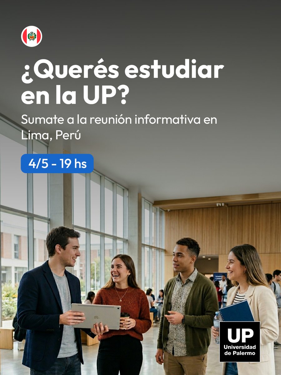 HOY reunión informativa de UP en PERÚ📣
Directivos te cuentan sobre nuestras carreras (modalidad presencial, combinada y online) y cómo es la experiencia de estudiar en la universidad #1 en estudiantes internacionales en Latinoamérica.
📲 palermo.edu/latam