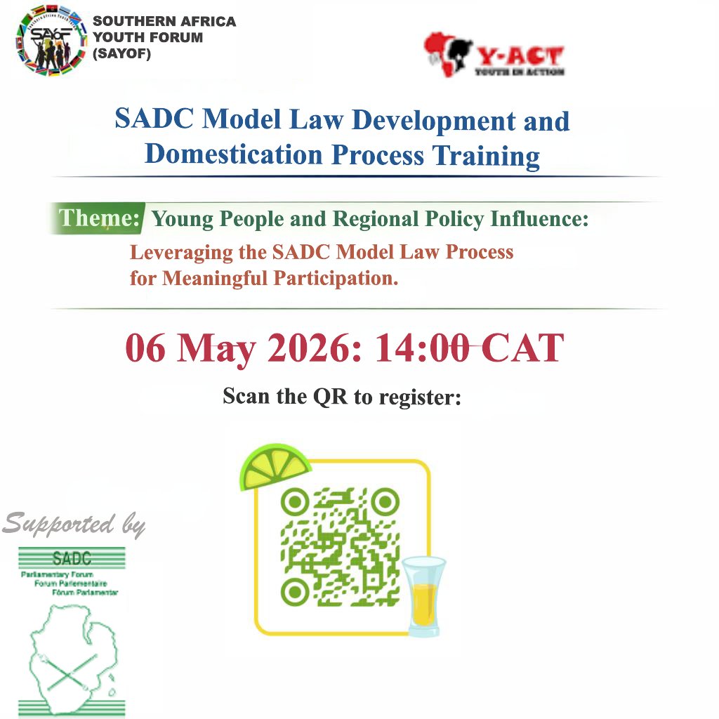 SAYoF_Official's tweet photo. SADC Model Law Development and Domestication Process Training. Join us &amp; register here https://t.co/FwFwCW6I4h https://t.co/46uwEIY3fJ
