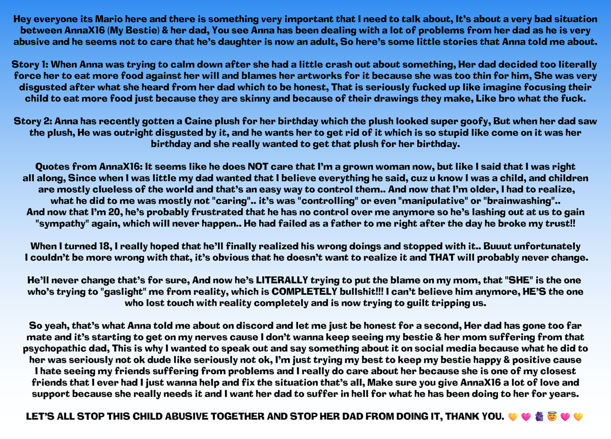 AdamFennell19's tweet image. I need you guys to give @angelika_leyva more love &amp;amp; support because she has been dealing with problems from her psychopathic dad, Make sure you read the first image and say no to child abuse!!! ✊💛✊🩷✊ #sprunki #happytreefriends #htf #justiceforAnnaX16