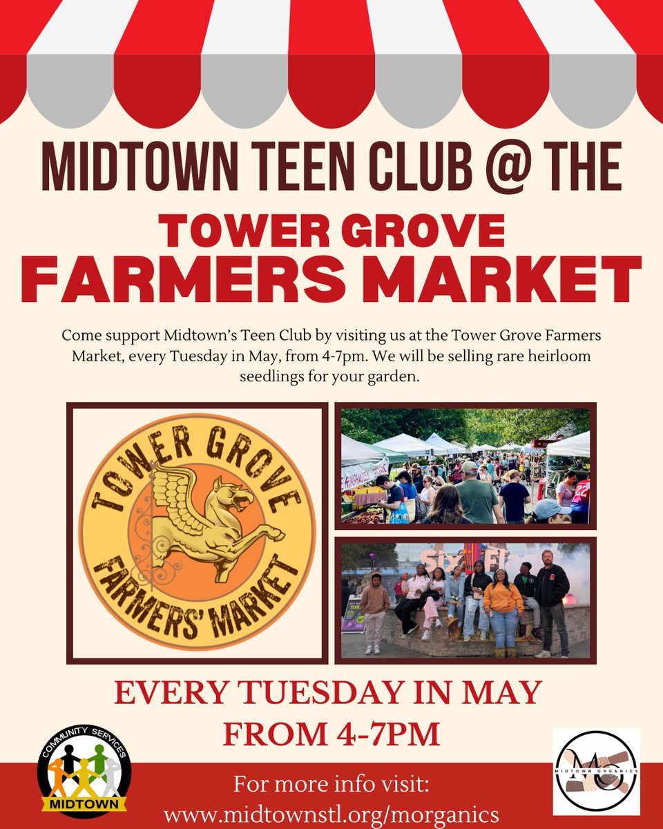 MidtownCS's tweet photo. Headed to the Tower Grove Farmers' Market Tuesday night? Be sure to stop by Teen Club's Midtown Organics booth to stock up on heirloom seedlings for planting season!
Each purchase supports young entrepreneurs as they gain real-world experience in business, marketing, and sales. https://t.co/7LCIih5eeH