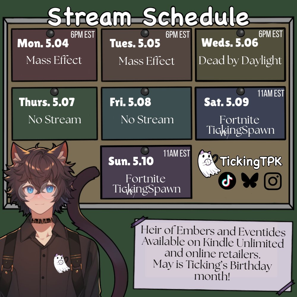 TickingTPK's tweet photo. Here's this week's stream schedule and it's my birthday month. 
https://t.co/GpX8s020BT

Mon 6-9pm EST: Mass Effect 
Tues 6-9pm EST: Mass Effect 
Weds 6-9pm EST: Dead By Daylight 
Thurs: No Stream
Fri: No Stream
Sat 11AM: Fortnite with Spawn
Sun 11AM: Fortnite with Spawn https://t.co/w9FHSzrbNG