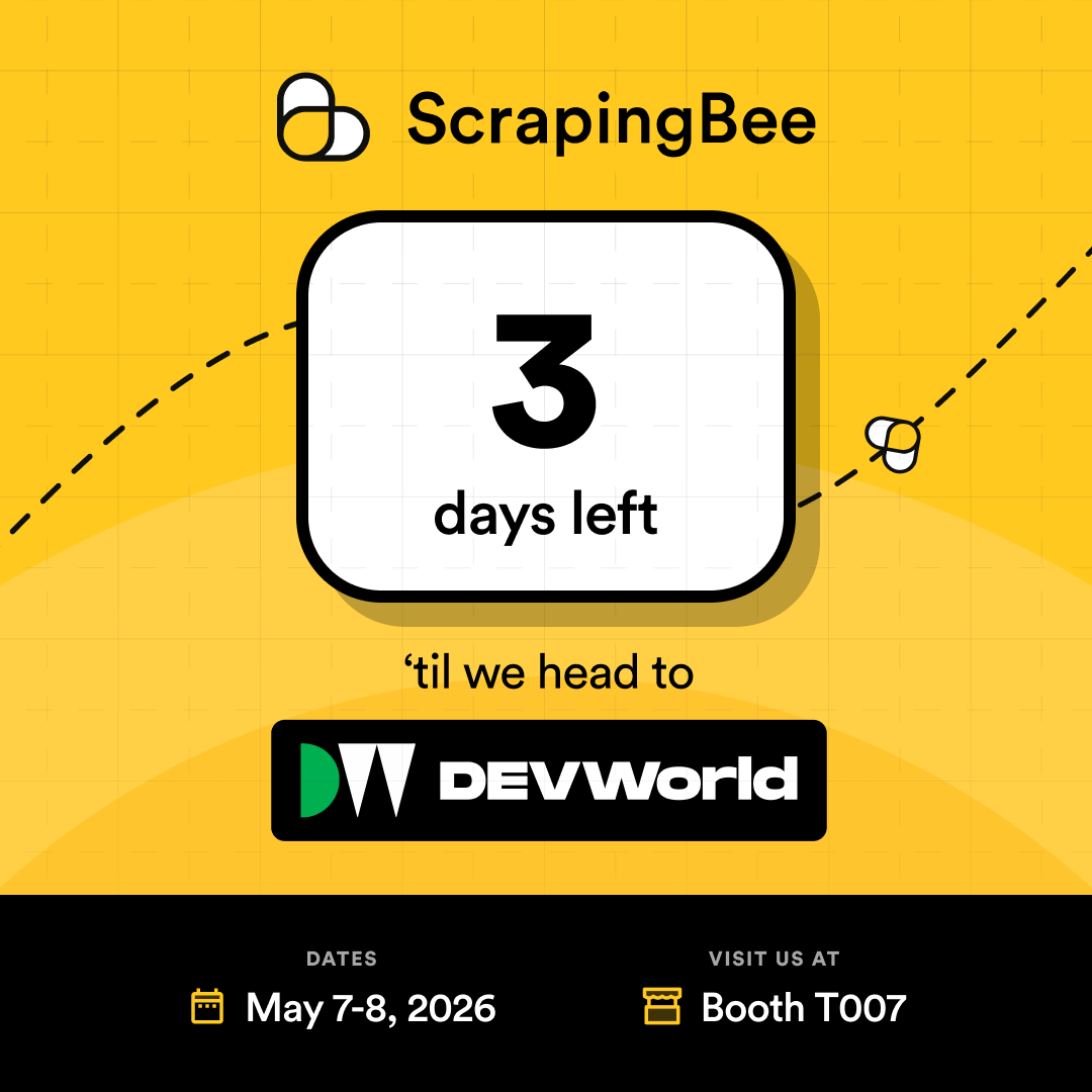 ScrapingBee's tweet photo. 3 days until @devworld_conf ! 

Amsterdam is officially the AI capital this week. 🇳🇱 Our team is buzzing to talk web data and building AI products. 🐝

Will you be there? Come find us at Booth T007! https://t.co/v78S1kKJzI