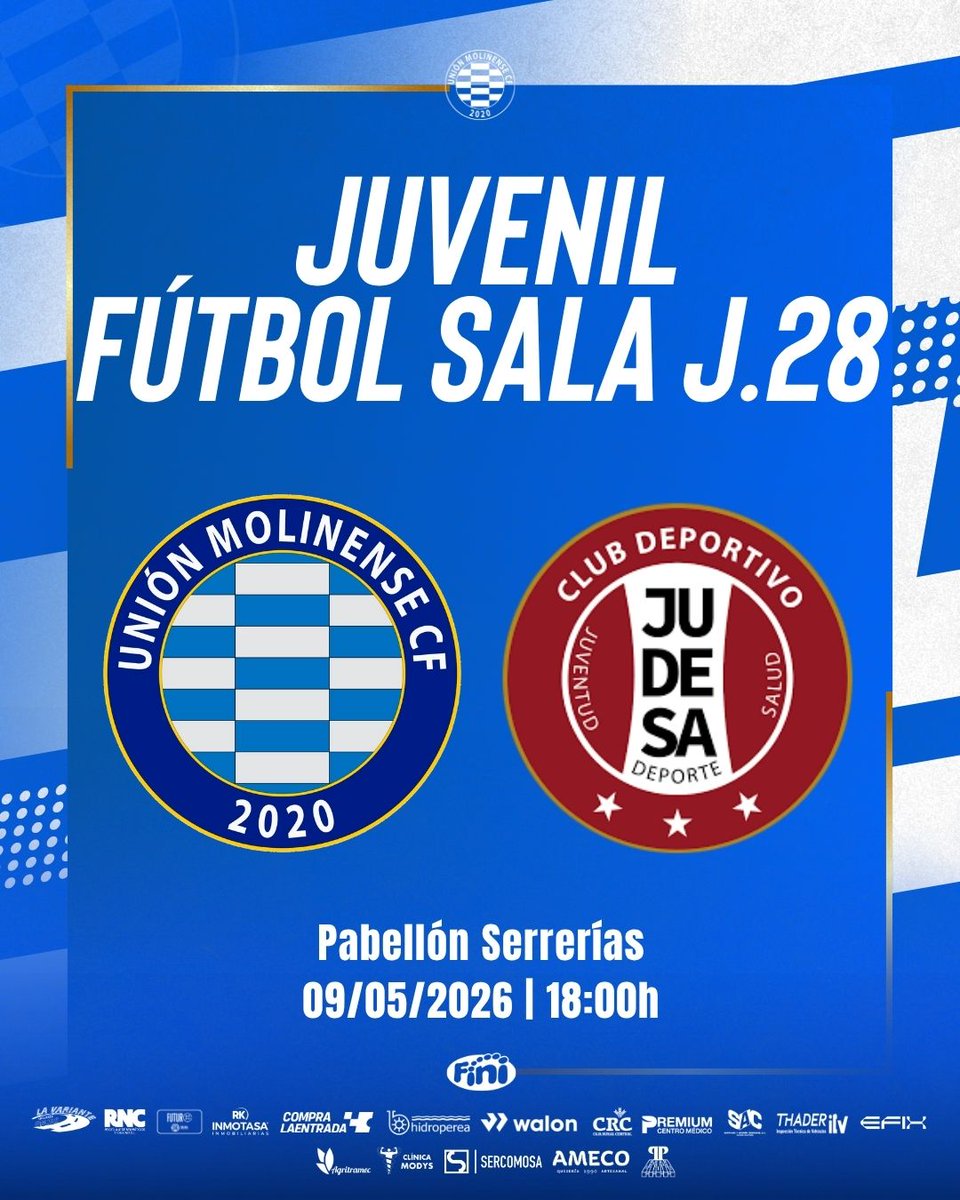 MolinenseFutsal's tweet photo. Partidazo de la semana 🗓️🔵⚪️💪🏻

Nuestro juvenil que sigue líder se enfrenta al segundo de la tabla clasificatoria. ¡Derbi molinense, derbi que no te puedes perder!

📅 Sábado, 9 de Mayo
🕒 18:00 h
🏟️ Pabellón Serrerías
⚽️Club Deportivo Judesa https://t.co/0GqbOZGZpp