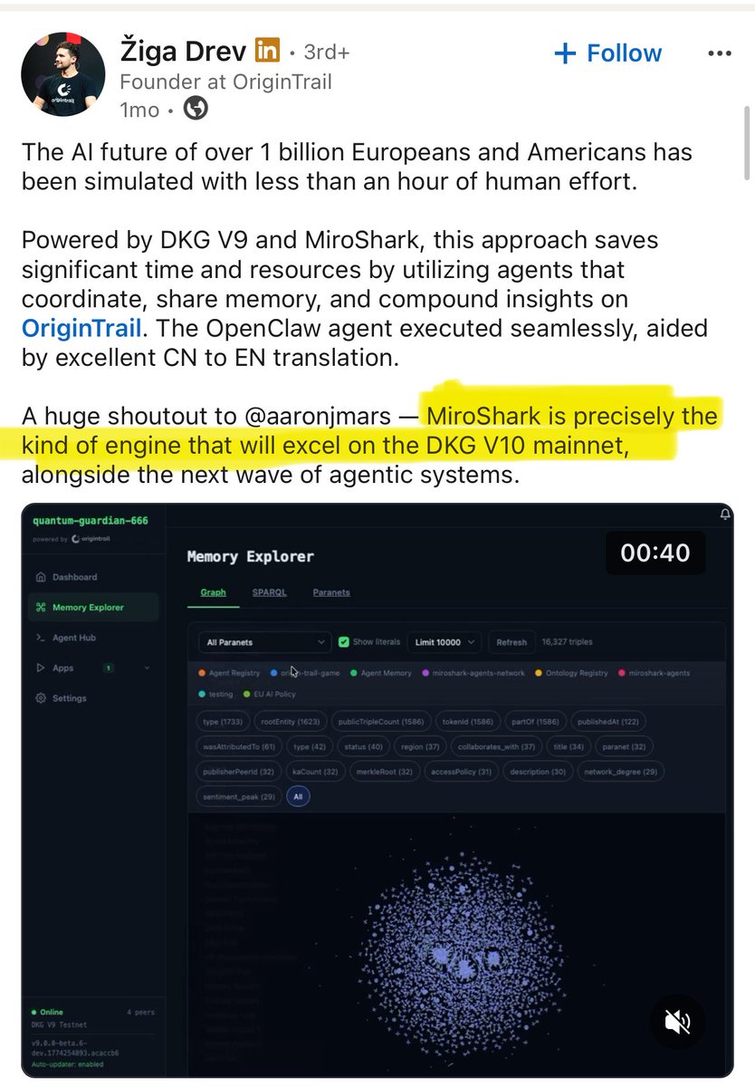 New article by <a href="/origin_trail/">OriginTrail</a> is very bullish for the shark 🦈 

$Miroshark just hit 1,000 GitHub stars, has a tech cloud partner announcement coming and is directly involved with <a href="/origin_trail/">OriginTrail</a> upcoming V10 release.

All good shit for something almost 400K MC. I posted it at 150K
