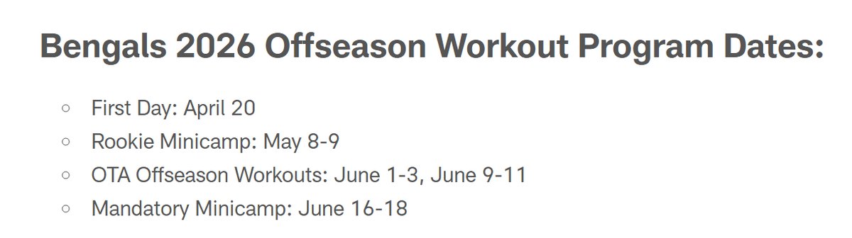 Jennife45487237's tweet image. 🚨BENGALS FANS🚨
Last week of Phrase I of Voluntary OTA's start this week!
Rookies report to Rookie Mini Camp on Friday &amp;amp; Saturday.
The Season is getting closer and closer #Bengals Fans!
@Bengals #RuleTheJungle #WhoDey