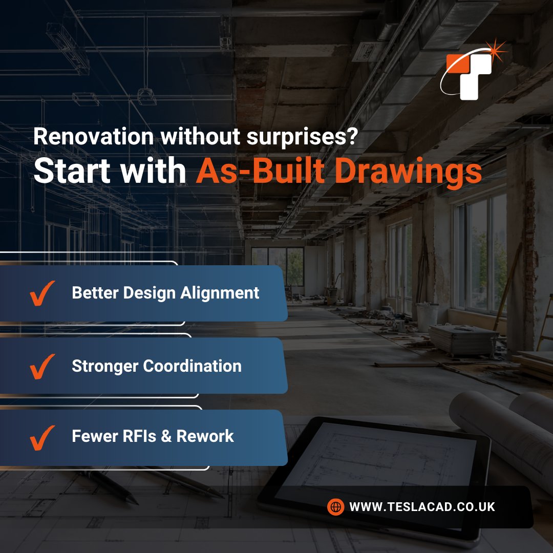 TeslaCADUK's tweet image. Accurate as-built documentation transforms renovation from guesswork into a data-driven process. Why leave your project’s success to chance when you can have a digital twin of reality?

🔗 Explore our Services: teslacad.co.uk
#BIM #AsBuiltDrawings #RenovationPlanning