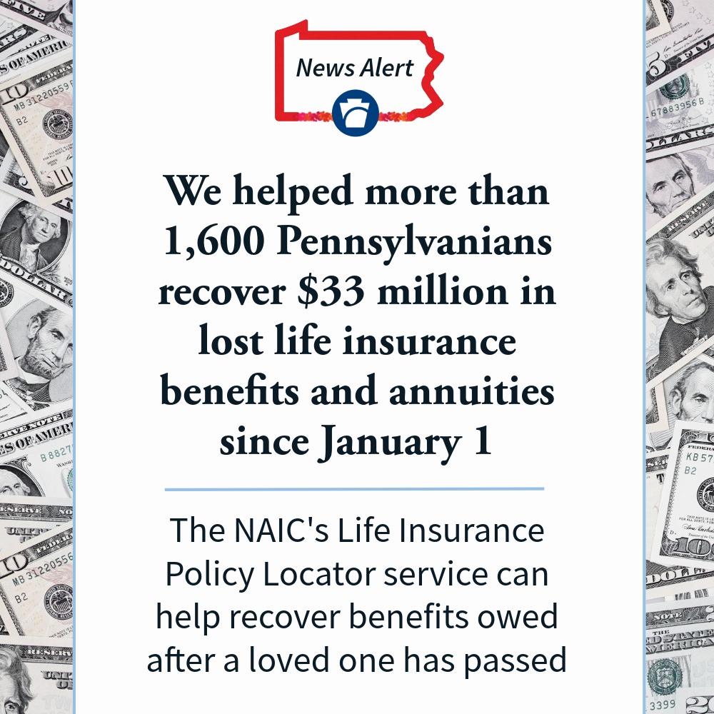 PAInsuranceDept's tweet photo. This year, we’ve already helped more than 1,600 Pennsylvanians recover millions in lost life insurance benefits and annuities they were rightfully owed after a loved one’s death.

Read more: https://t.co/j8Dlf97GS3 https://t.co/HSWOxa9MAV