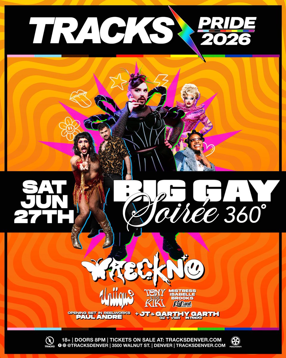 wreckno's tweet photo. BIG GAY SOIRÉE 360 💿 DENVER PRIDE 2026 

SO EXCITED TO BE COMING BACK TO MY FAVORITE CITY DENVER WITH @UNIIQU3, @MistressIBrooks &amp; @tonyandthekiki 😍 GOING TO TURN REELWORKS INTO A HOTBOX 360 STYLE FOR PRIDE!  Tix: https://t.co/NqvbYb8akf https://t.co/cA6dDL0dof