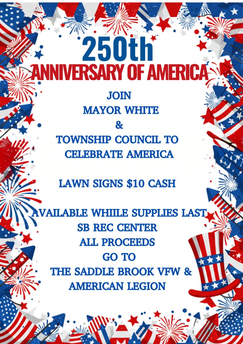 SBrookTownship's tweet image. 250th Anniversary Signs are available at the Recreation Department in the Township Municipal Complex (55 Mayhill Street)

#250thAnniversary
#4thofJuly
#IndependenceDay