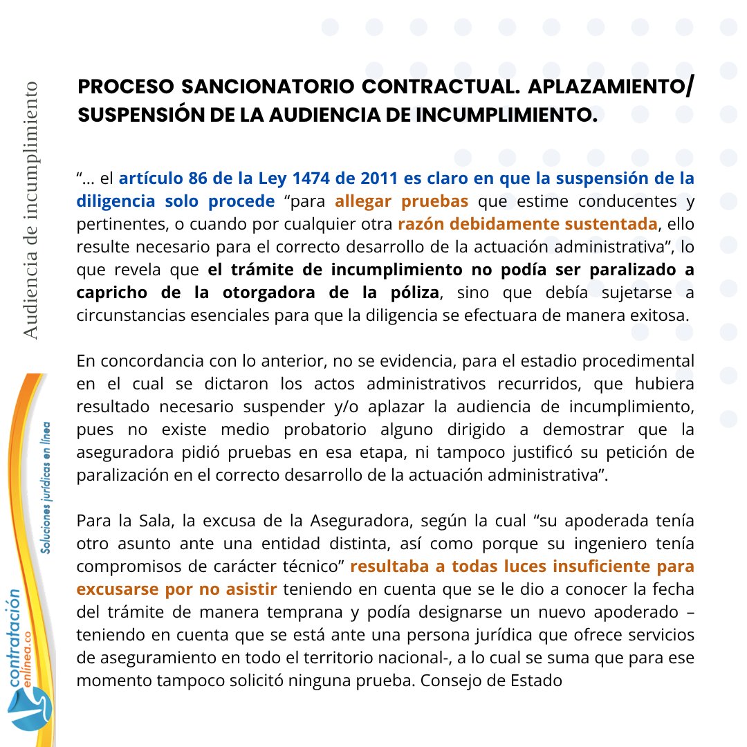 📧PROCESO SANCIONATORIO CONTRACTUAL. APLAZAMIENTO/ SUSPENSIÓN DE LA AUDIENCIA DE INCUMPLIMIENTO.  El artículo 86 de la Ley 1474 de 2011 es claro sobre cuándo procede la suspensión de la diligencia 👉contratacionenlinea.co/documentos/con…