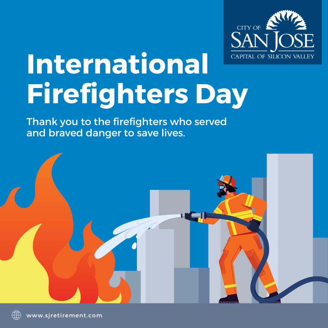 SJRetirement's tweet photo. Happy International Firefighters Day! Your career was spent protecting others — now it is our turn to serve you. To our retired San Jose firefighters: your courage built this community, and we are honored to protect the retirement you have earned. Today we celebrate you! https://t.co/jriEuBZ680
