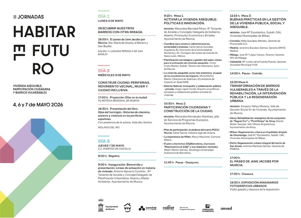 dsocialesmurcia's tweet photo. 🏡✨ ¡Ya están aquí las II Jornadas "Habitar el futuro"!

Durante los días 4, 6 y 7 de mayo, el @AytoMurcia  a través de su servicio de vivienda organiza un espacio de reflexión sobre temas clave como la vivienda asequible, la participación ciudadana y los barrios vulnerables. https://t.co/3I4iVwp1ud
