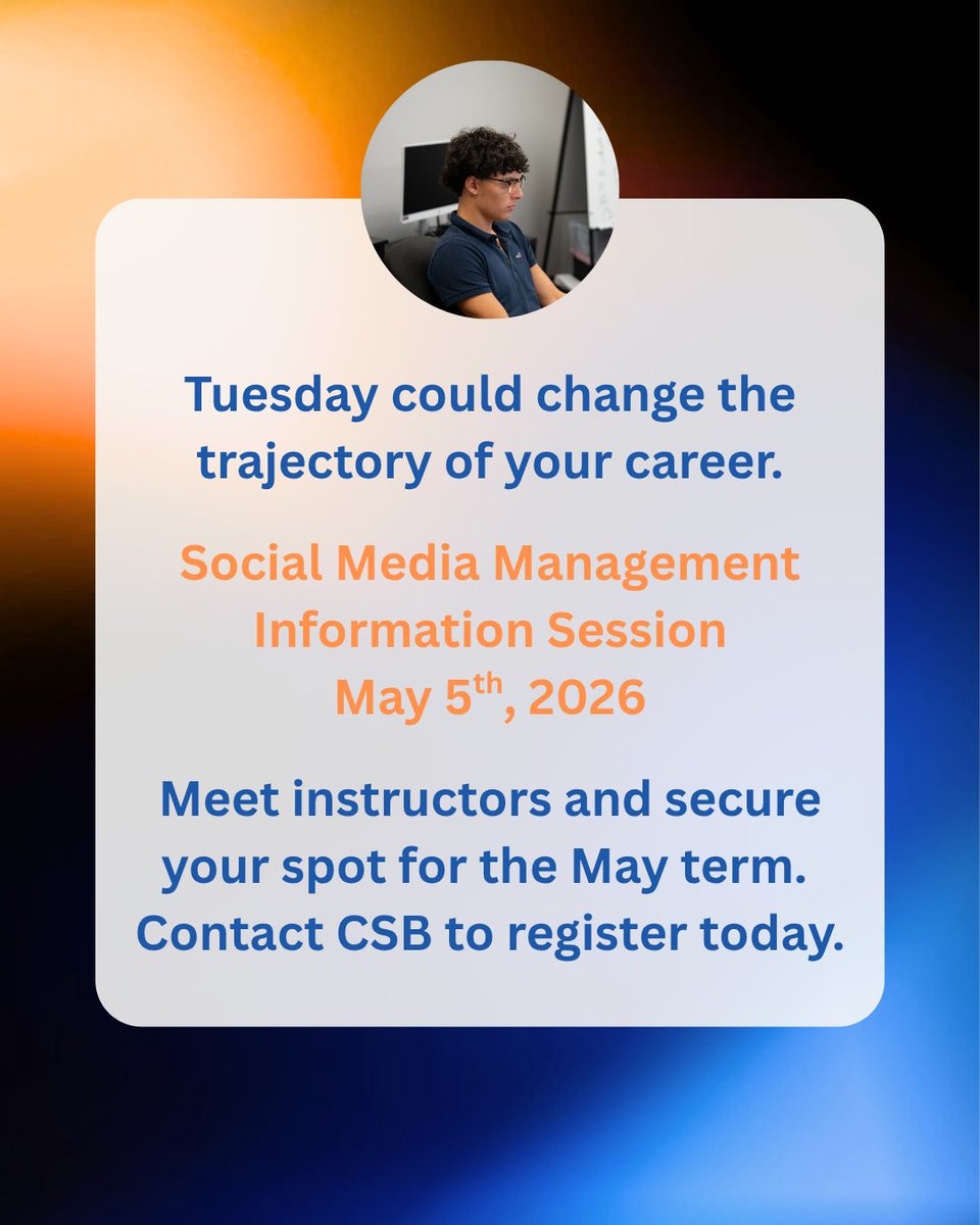 GoCSB's tweet photo. Mark your calendars for May 5th, 2026. We are hosting a Social Media Management Information Session and you are invited. Meet our instructors, tour the space, and secure your spot for the May term. 
Contact us to register today.
#CSBMediaArtsCenter #LearnByDoing https://t.co/q4AoOlt8vX