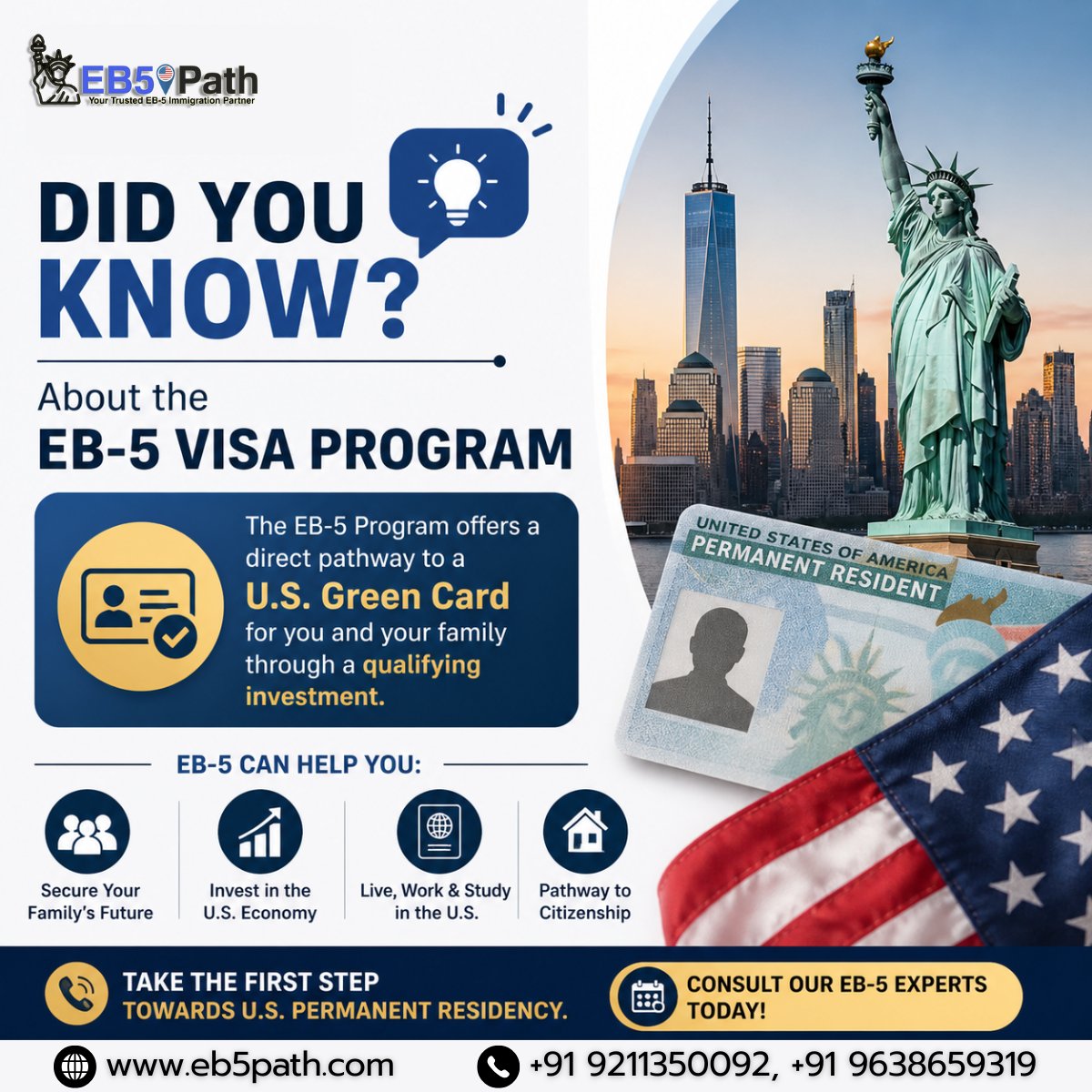 EB5Path's tweet image. 𝐃𝐢𝐝 𝐲𝐨𝐮 𝐤𝐧𝐨𝐰? 🤔
The EB-5 Visa Program offers a direct pathway to a U.S. Green Card for you and your family through a qualifying investment.
This means you can:
🌐 eb5path.com
#didyouknow #EB5Visa #USResidency #USGreenCard #EB5InvestmentProgram #Investment