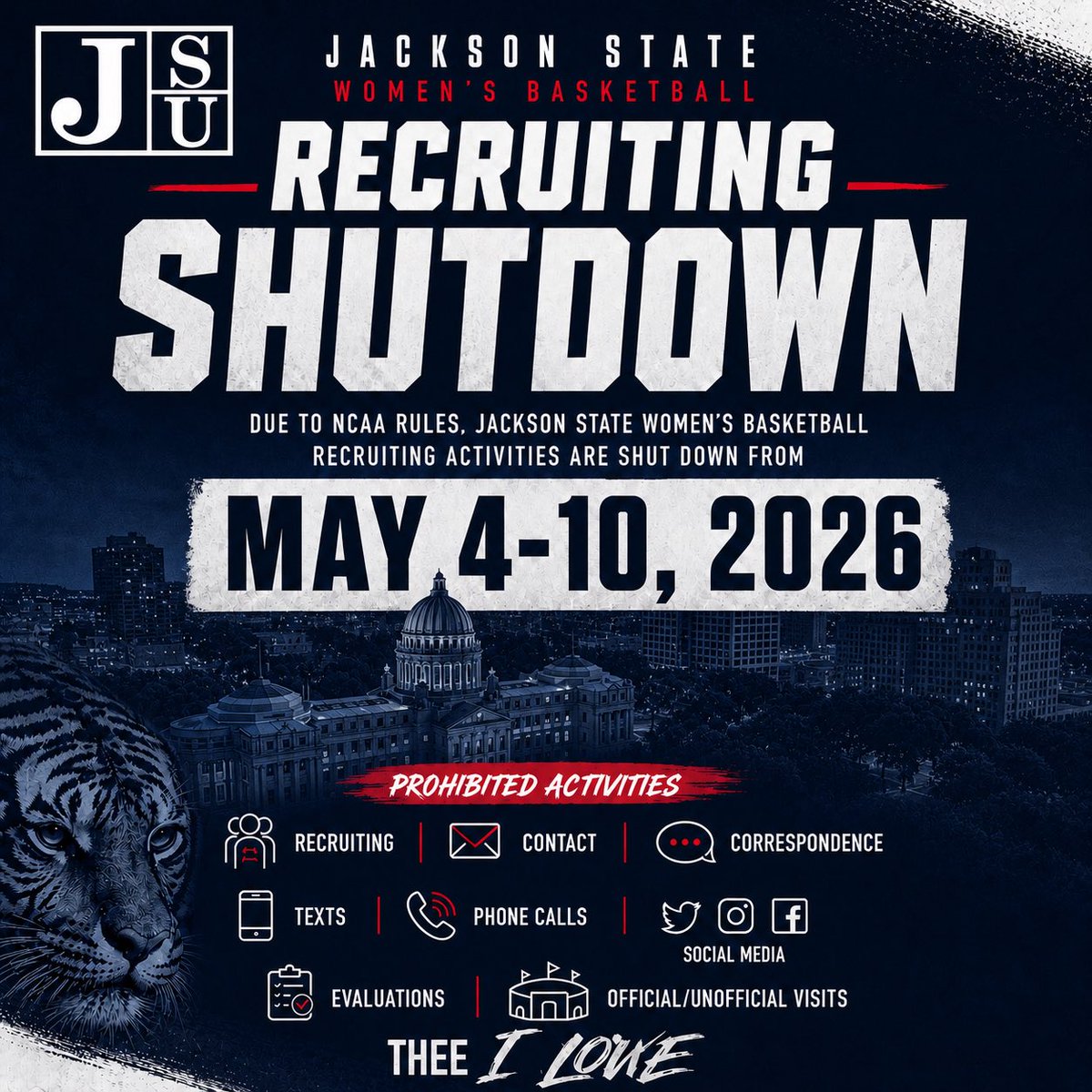 GoJSUTigersWBB's tweet image. Recruiting Shutdown! We’ll be back soon!

#ChasingMore 🏀 | #THEEiLove 🐅