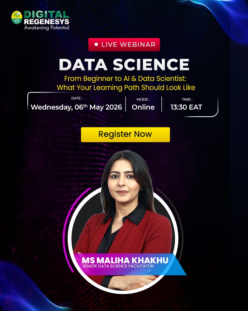 regenesys_edu's tweet photo. Thinking about breaking into Data Science but don't know where to start?
Join Ms Maliha Khakhu live this Wednesday and get the exact roadmap from beginner to AI &amp; Data Scientist.
Wed, 6 May | 13:30 EAT | Online
Free to attend. Seats are limited.