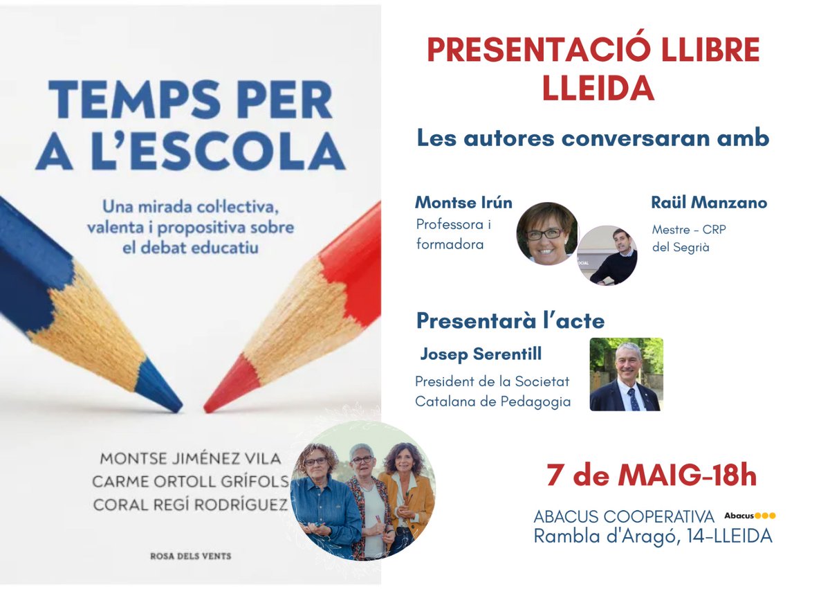 montserratjimvi's tweet photo. ➡️Dijous 7  serem a @abacus_botigues #Lleida 
 presentant "Temps per a l'Escola" amb @CarmeOrtoll i @coralregi .
📚Conversarem amb @montseirun i Raül Manzano . Presenta @jserenti de @SCP_IEC 
@penguinllibres https://t.co/flwgwug2xy