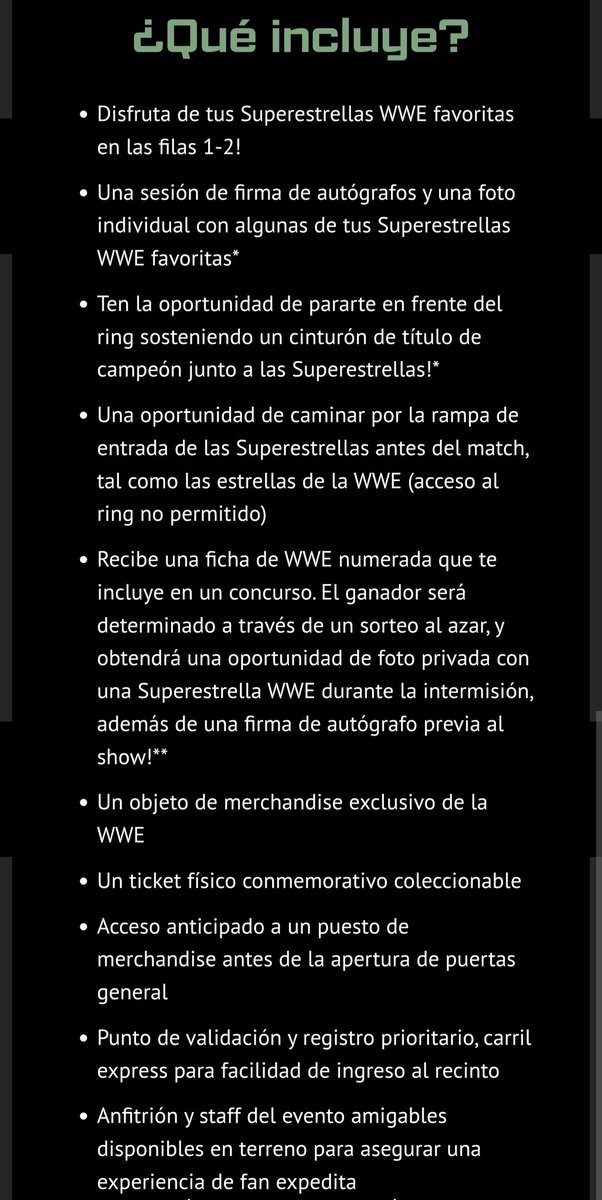 Hoy se acaban de habilitar los VIP Package para WWE Live en Chile, la cual es la única forma de obtener entradas de primera fila.
Dejamos los detalles de la más cara, que vale $859.900
puntoticket.com/wwe-live-scl-v…