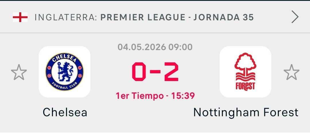 Antes de este partido , Chelsea lleva  5 derrotas seguidas por Premier League

De momento, en 15 minutos vs <a href="/NFFC/">Nottingham Forest</a> 

Se van a quedar afuera de de Europa, cuando en marzo estaban en puestos de Champions League

#PremierLeague