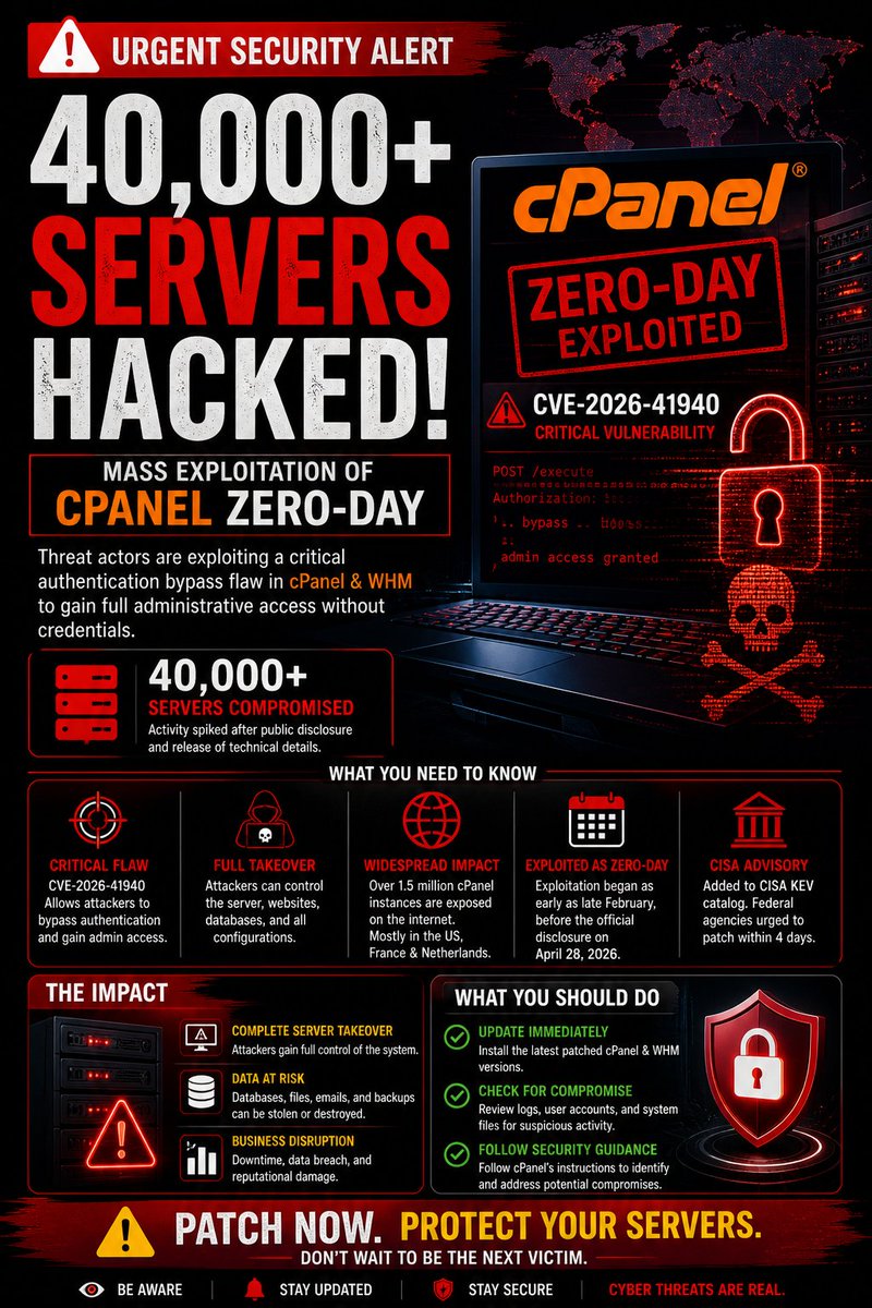Aiz_Cyber's tweet image. 🚨 40,000+ Servers Hacked in cPanel Zero-Day Exploit!

Critical flaw (CVE-2026-41940) gives attackers full admin access. Patch immediately ⚠️
#CyberSecurity #cPanel #ZeroDay #Infosec #aiz_cyber