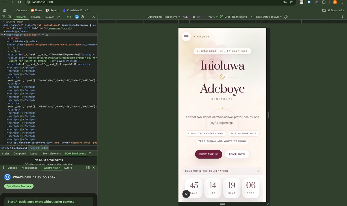 IbrahimOlufunbi's tweet photo. Ini & Ade's wedding website is almost ready and I keep staring at it.
Wine & gold into baby pink & white.
Two days. One love story. One beautiful website. ๐ธ
#Eventlybuilt #NigerianWedding #Wedding2026 https://t.co/V8MySgzYGe