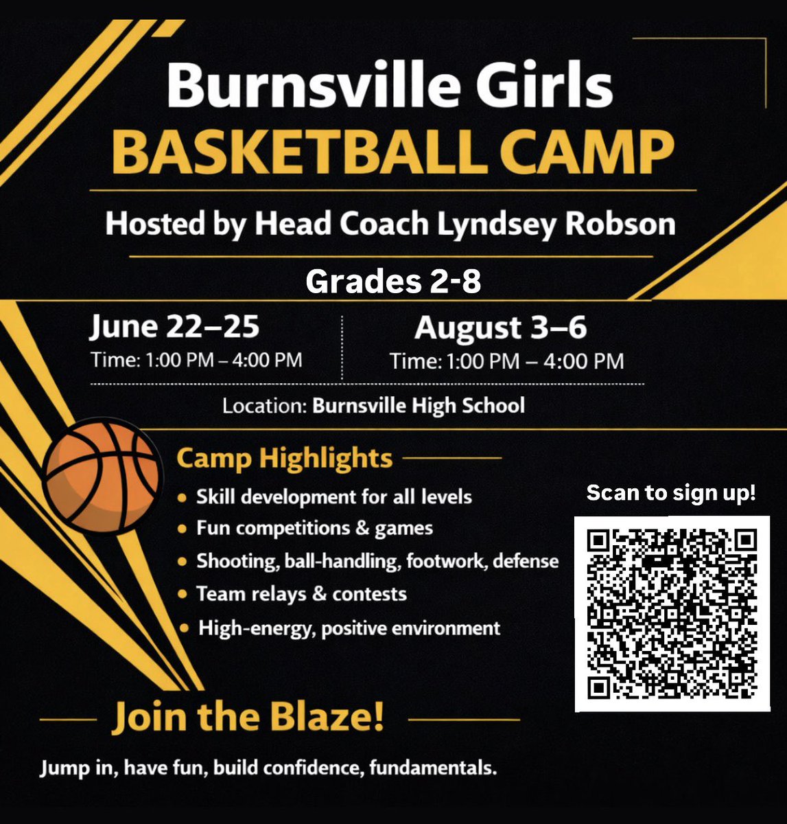 ‼️ATTENTION ALL 2nd-8th GRADERS‼️ Summer hoops are BACK🏀🔥Come join the fun at the Burnsville Girls Basketball Camp! Skill work, contests, and a high-energy environment that builds confidence and fundamentals. Scan the QR code on the flyer to register!