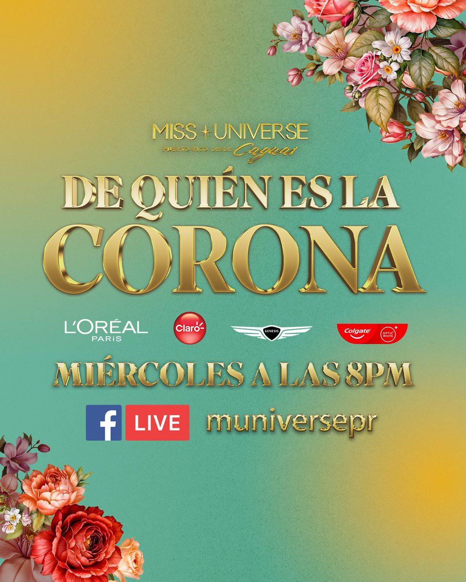 muniversepr's tweet photo. ¿Quién se quedará con la corona de Miss Universe Puerto Rico? 👑

Sintoniza De Quién es la Corona EN VIVO, desde Caguas, todos los miércoles a las 8PM por el Facebook de MUNIVERSEPR.

Presentado por L'Oréal Paris, Claro, Genesis y Colgate Optic White.
#MUPR2026 #Legado2026 https://t.co/BIqr3NfJDi