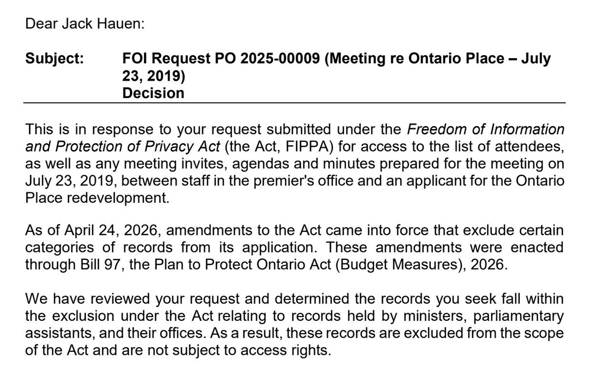 jackhauen's tweet image. Which shortlisted Ontario Place applicant had a call with an Infrastructure Ontario VP outside the rules of the call for development?

We'll never know.

#onpoli