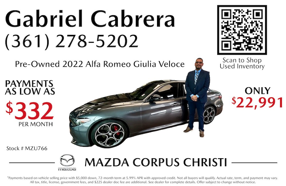 MazdaCC's tweet photo. Different car. Different energy.

2022 Alfa Romeo Giulia Veloce
💥 $332/month
💥 $22,991

Available now at Mazda Corpus Christi
📞 Ask for Gabriel https://t.co/UmKuJqy73b