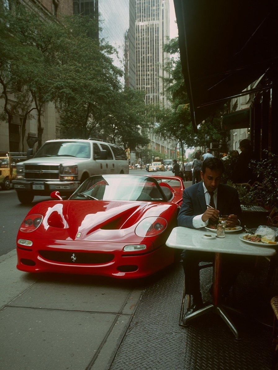 thecapitalistt0's tweet photo. In the 1990s, it was quite common in major financial centers to see businessmen and bankers eating in or around their supercars. A man in a tailored suit might sit on the hood of his Ferrari, finishing a quick lunch, while another leans against his Lamborghini, talking on a large mobile phone. Outside cafés and restaurants, it wasn't unusual for someone to choose a terrace table just to keep their Porsche in clear view.

At that time, the culture around success was becoming more visible and expressive. The financial boom and rapid growth of global markets created a new kind of professional who was driven, ambitious, and often proud of what they had achieved. For many, these cars were not just a way to get around but a symbol of long hours, risk taking, and reward.

Practical reasons also played a role. Their schedules were tight and time was valuable. Grabbing food quickly while staying close to the car made it easier to move between meetings without delay. There was also less concern about appearances compared to today, so eating casually next to an expensive car felt natural in that fast paced environment.

At the same time, there was a sense of enjoyment.
Sitting near the car, even on a pavement or café terrace, gave a moment to pause and appreciate the lifestyle. It was a simple mix of convenience, pride, and the spirit of the decade, where business, image, and personal success were closely connected.