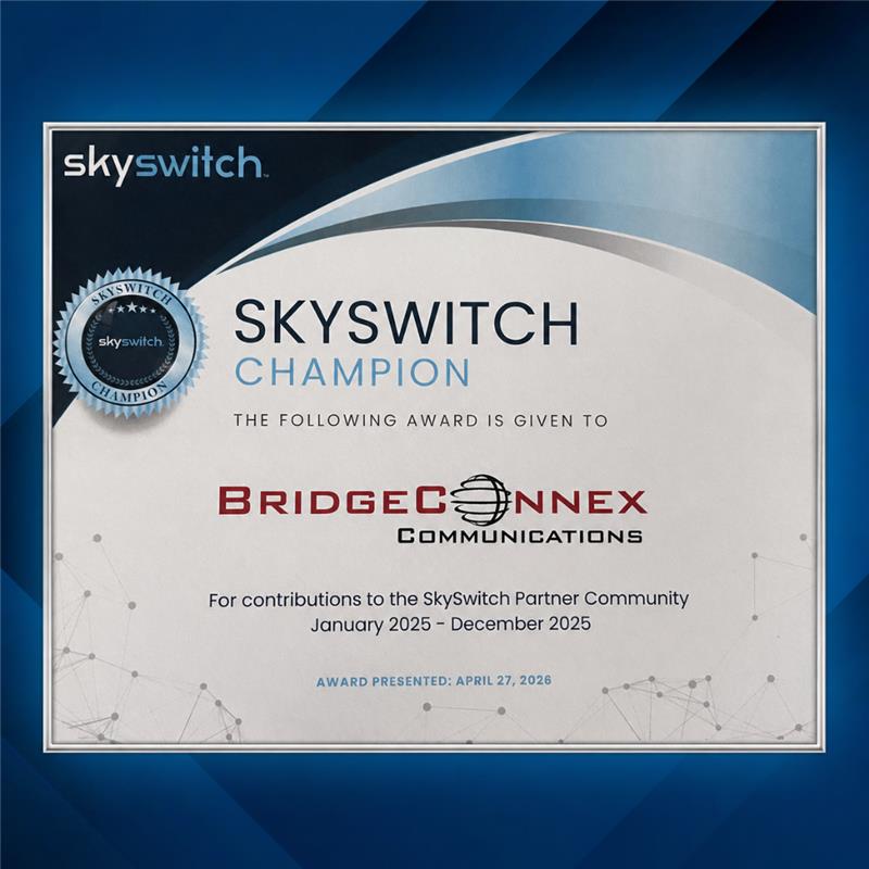 bridgeconnex's tweet photo. Proud to be recognized as a SkySwitch Champion for our contributions to the SkySwitch Partner Community.

Thank you to SkySwitch for the recognition and to our team for the service, support, and commitment that made this possible. 👏

#BridgeConnex #SkySwitch #Vectors2026 #UCaaS #Telecom