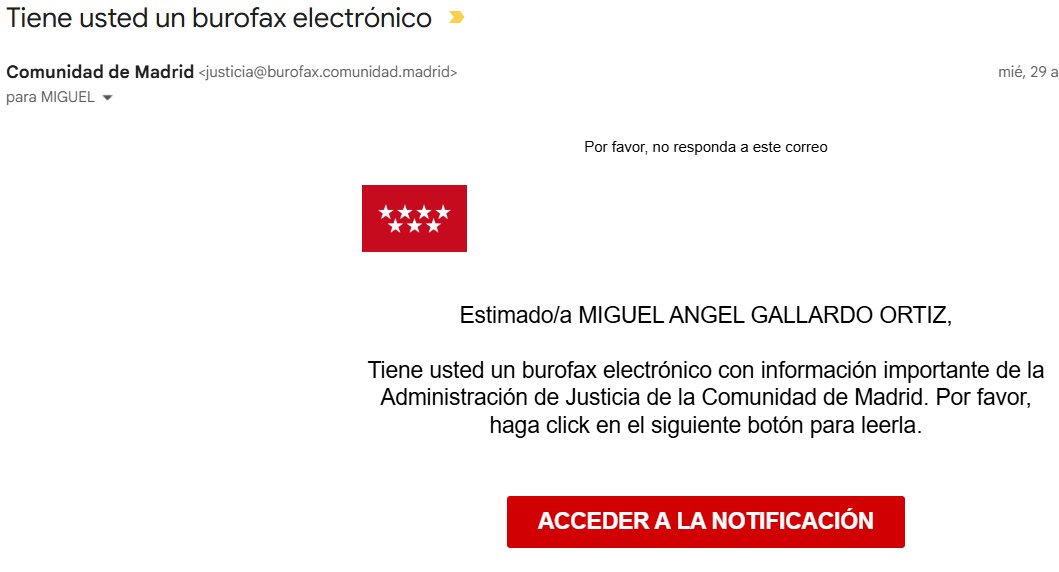 miguelencita's tweet photo. He recibido una notificación falsa de la Administración de Justicia de la Comunidad de Madrid según informe pericial  publicado en https://t.co/kjehRNpD4v que hemos denunciado con @APEDANICA ¿Alguien más ha recibido email sobre un BUROFAX como la imagen? Seguir @APEDANICA DM y RT https://t.co/twlcjCU7RG