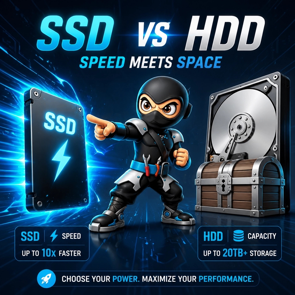 thepcninja's tweet image. Speed or Space? 🏎️📦 SSDs are lightning-fast for your apps, while HDDs give you massive storage for less. Which one fits your needs? Check out our quick guide to pick your perfect match: pcninja.us/resources/ssd-… 💻🛡️ #PCNinja #TechTips #SSDvsHDD