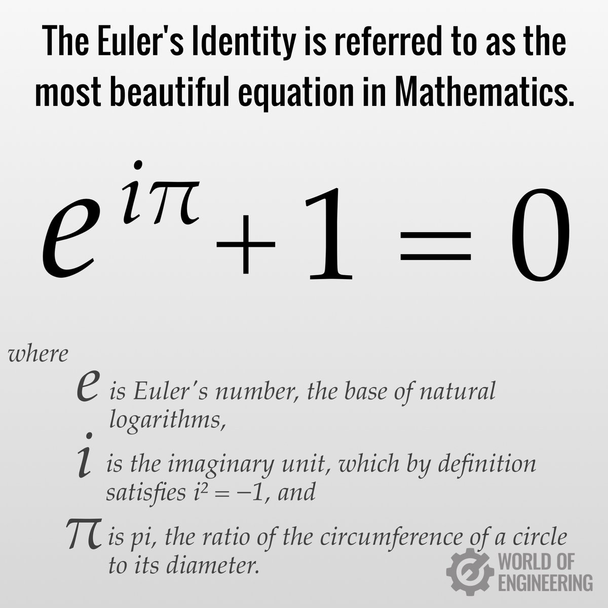 engineers_feed's tweet photo. The Euler's Identity is referred to as the most beautiful equation in Mathematics. https://t.co/rlAPPbZa20