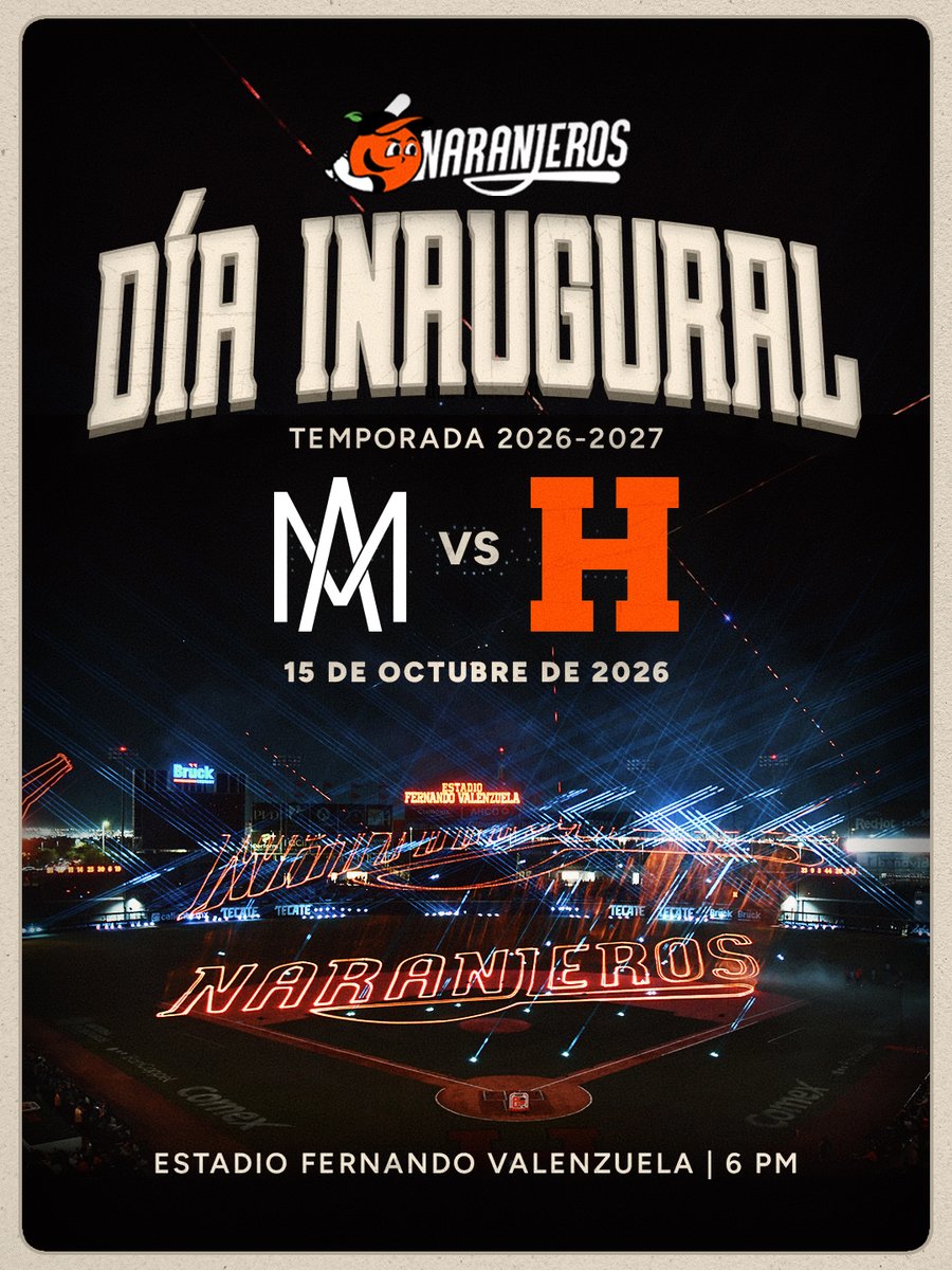 ClubNaranjeros's tweet photo. ¡¡DÍA INAUGURAL A LA VISTAAAA!! 🤩🍊⚾

El inicio de la mejor época del año ya tiene fecha y el jueves 1️⃣5️⃣ de octubre arranca nuestro camino en la temporada 26-27 de la @Liga_Arco ante @AguilasDeMxli en el @EFernandoVlz. 🧡

🕕 6:00 pm. https://t.co/r6nTzTbhNI
