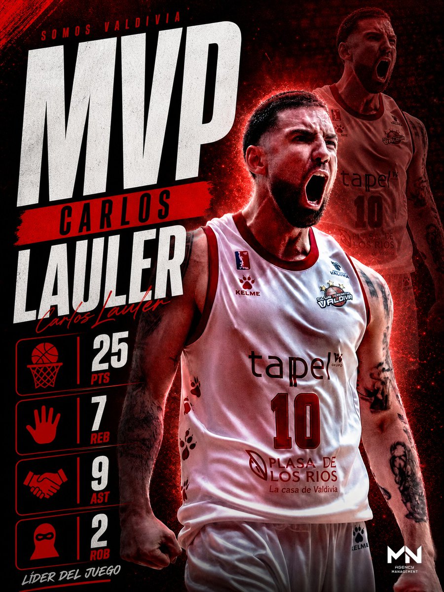 MNAgency2026's tweet photo. EL SHOW DE #CarlosLauler! 🏀🪄🔥
​Actuación integral para que el CDV se adueñe de la jornada. Casi triple-doble con una lectura de juego superior:
📊 25 PTS
🤝 9 AST
✋ 7 REB
​Jerarquía pura para manejar los hilos del equipo. ¡Nivel MVP! 🔝✨

​#MNAgency #Liga1 #Chile @CDVBasket https://t.co/9KrF8UFfwx