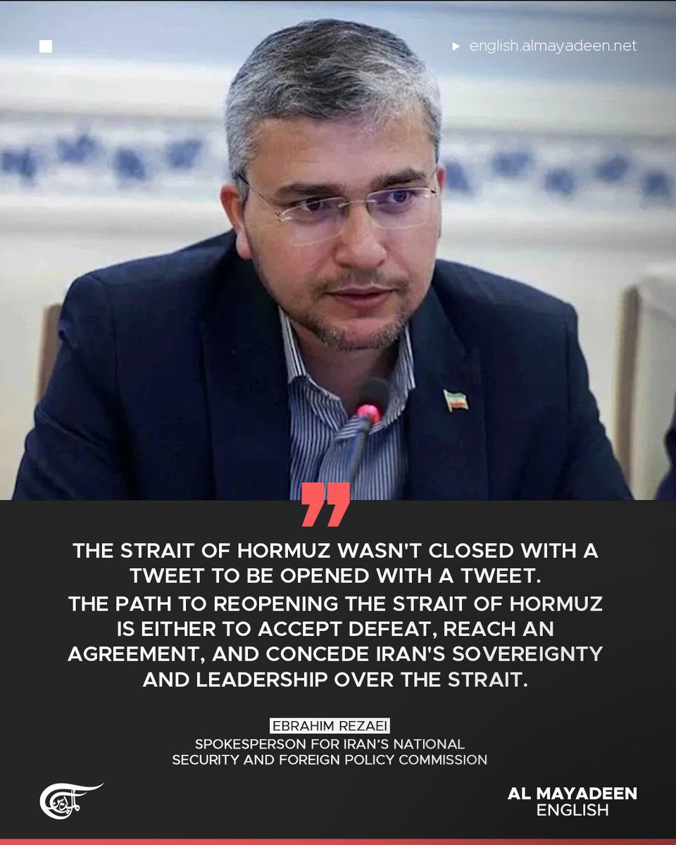 MayadeenEnglish's tweet image. Following #US President Donald Trump’s announcement of "Project Freedom", a naval operation set to begin on May 4 to escort vessels out of the Strait of Hormuz under a "humanitarian gesture", Iran pushed back sharply.

Ebrahim Rezaei, spokesperson for Iran’s National Security and