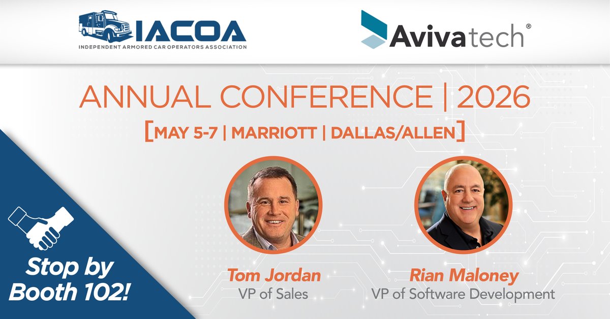 AvivatechLLC's tweet photo. We look forward to seeing you at IACOA 2026 tomorrow! Stop by Booth 102 to meet Tom Jordan and Rian Maloney.

They can’t wait to share how our cash and check automation solutions will drive your business forward.

#EfficientTransactions #TotalControl https://t.co/rwPLP2DrOX