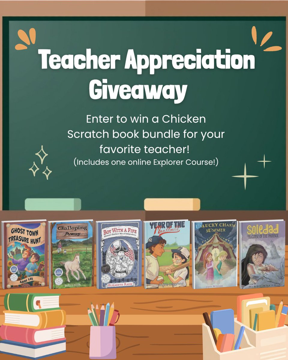 abbileebooks's tweet photo. 🎉GIVEAWAY! In honor of Teacher Appreciation Week, a group of @CSBooks4 authors are hosting a GIVEAWAY to honor your favorite 4th, 5th, or 6th grade teacher!❤️
🌟3 lucky teachers will receive a bundle of 6 middle grade novels along w/ a Chicken Scratch Explorer Course.
(1/4) https://t.co/YQ73BJYCY8