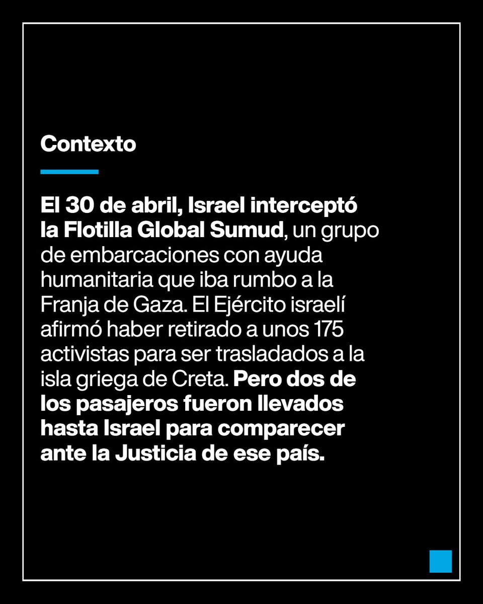 France24_es's tweet image. #Israel detuvo y trasladó a su territorio a dos de los activistas de la Flotilla Global Sumud que iba rumbo a #Gaza y que interceptó esta semana. Acusa a los hombres de supuestamente estar vinculados con #Hamás, algo que los detenidos niegan, mientras que denuncian a las fuerzas